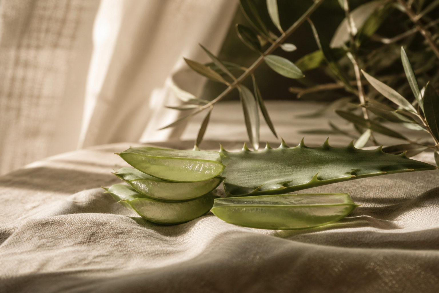 Freshly cut Aloe barbadensis leaves on linen