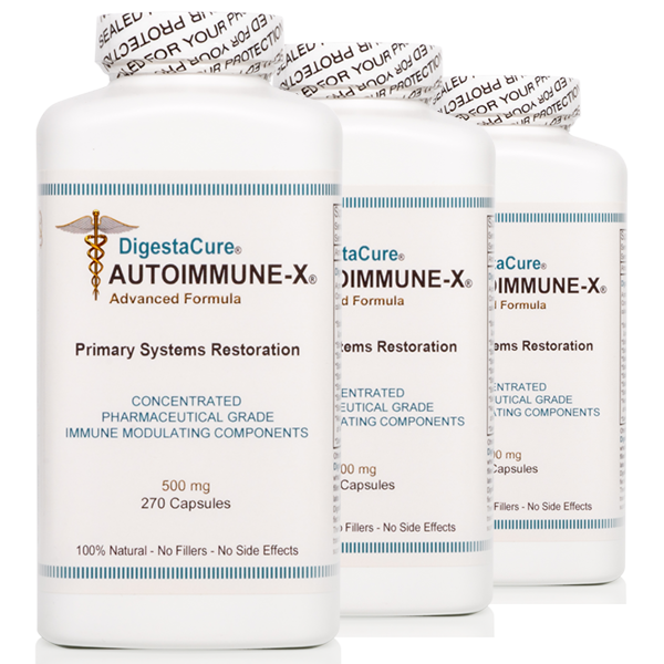 Three white bottles of DigestaCure AUTOIMMUNE-X 500 mg capsules grouped together