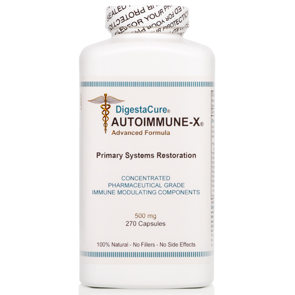 White plastic bottle of DigestaCure AUTOIMMUNE-X 500 mg capsules with a cream label and white lid