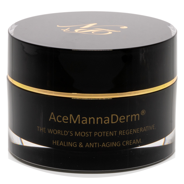 Glossy black jar of AceMannaDerm 2 oz botanical cream with a cream label and black lid