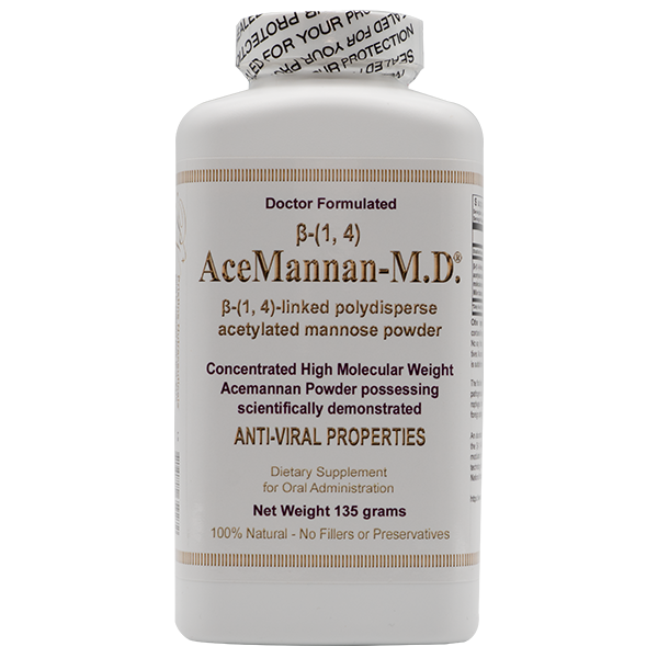 White plastic bottle of Acemannan-M.D. high molecular weight powder with a cream label and white lid